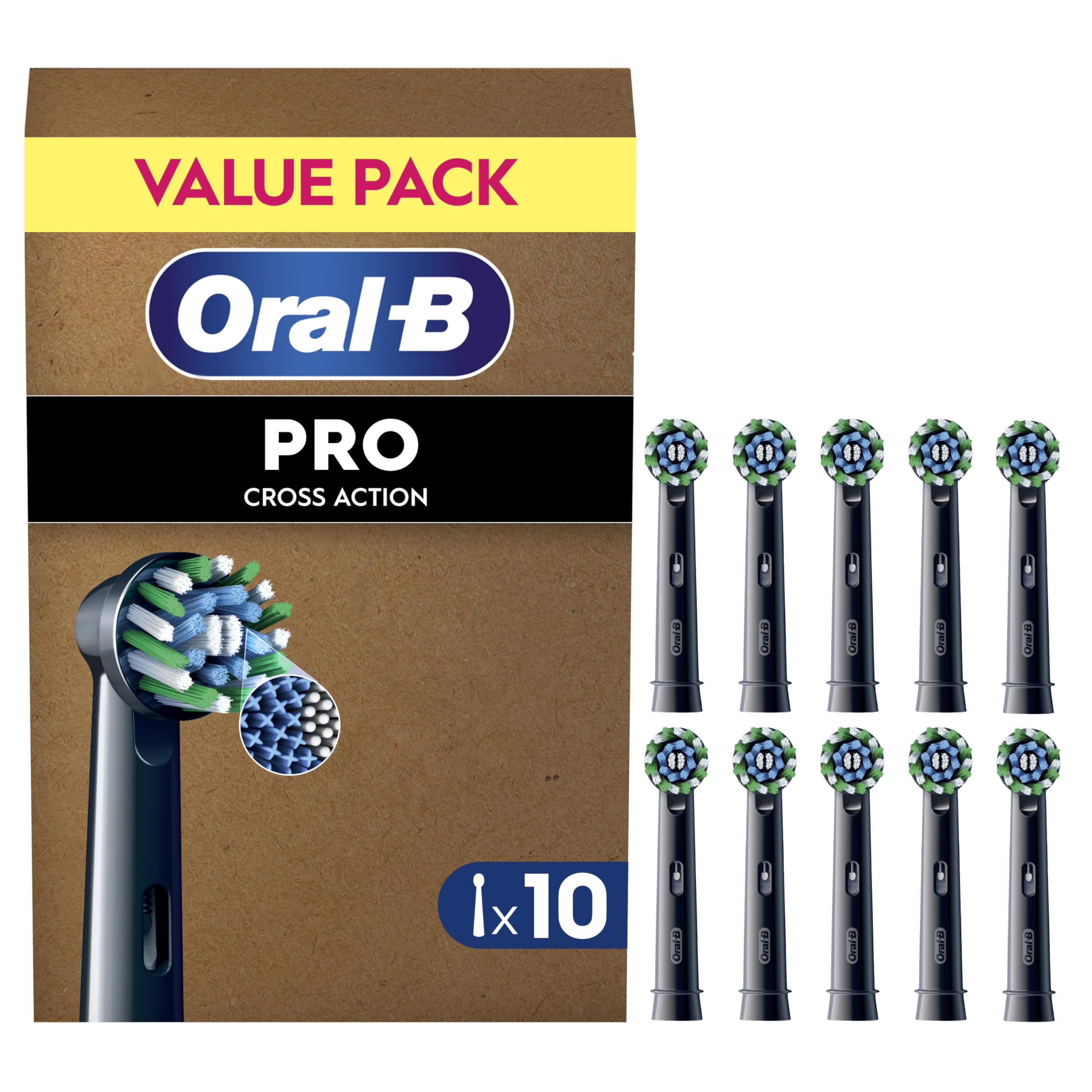 Oral-B Pro CrossAction Original Electric Toothbrush Heads, Black, Pack of 10, Mailbox-Friendly Replacement Heads for Home and Travel, Angled Bristles for Deep Cleaning