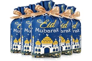 Blulu 50 Pcs Eid Mubarak Gifts Bags Plastic Ramadan Gift Bags Arabesque Moon Bulk Mosque Happy Eid Theme Goodie Pouches for Muslim Mubarak Party Candy Wrapping Supplies Decorations(Blue)