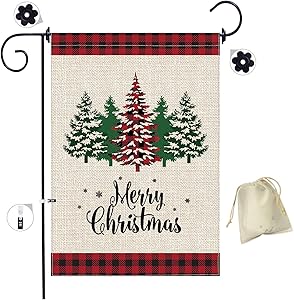 Christmas Tree Garden Flag, Merry Christmas Garden Flags Burlap, Double-Sided Red Black Buffalo Christmas Tree Flag, Buffalo Check Plaid(18 x 12 inches)