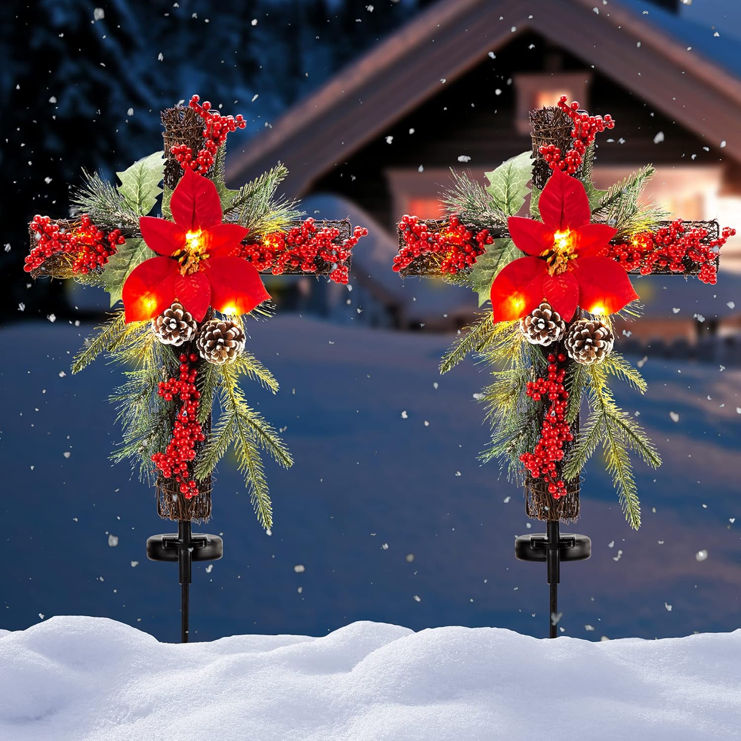 Decorative Garden Stakes - SOWSUN Solar Christmas Decorations Outdoor LED Lights, Xmas Waterproof Cross Stake, Cemetery Grave Decorations,Faux Pine Cones and Foliage Ornament Stakes for Garden Lawn Yard Cemetery, Set of 2