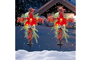 SOWSUN Solar Christmas Decorations Outdoor LED Lights, Xmas Waterproof Cross Stake, Cemetery Grave Decorations,Faux Pine Cones and Foliage Ornament Stakes for Garden Lawn Yard Cemetery, Set of 2