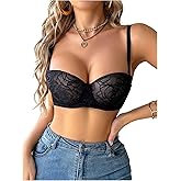 SweatyRocks Women's Push Up Balconette Bra Low Cut Floral Mesh Underwire Bras
