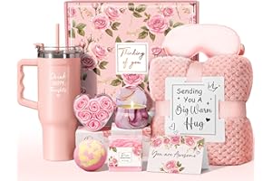 QINLINE Birthday Gifts for Women Self Care Get Well Soon Gifts, Rose Relaxing Spa Gifts Box Care Package Basket w/ Luxury Flannel Blanket 40 oz Tumbler, Valentine Gifts Set for Mom Her Wife Girlfriend Sister