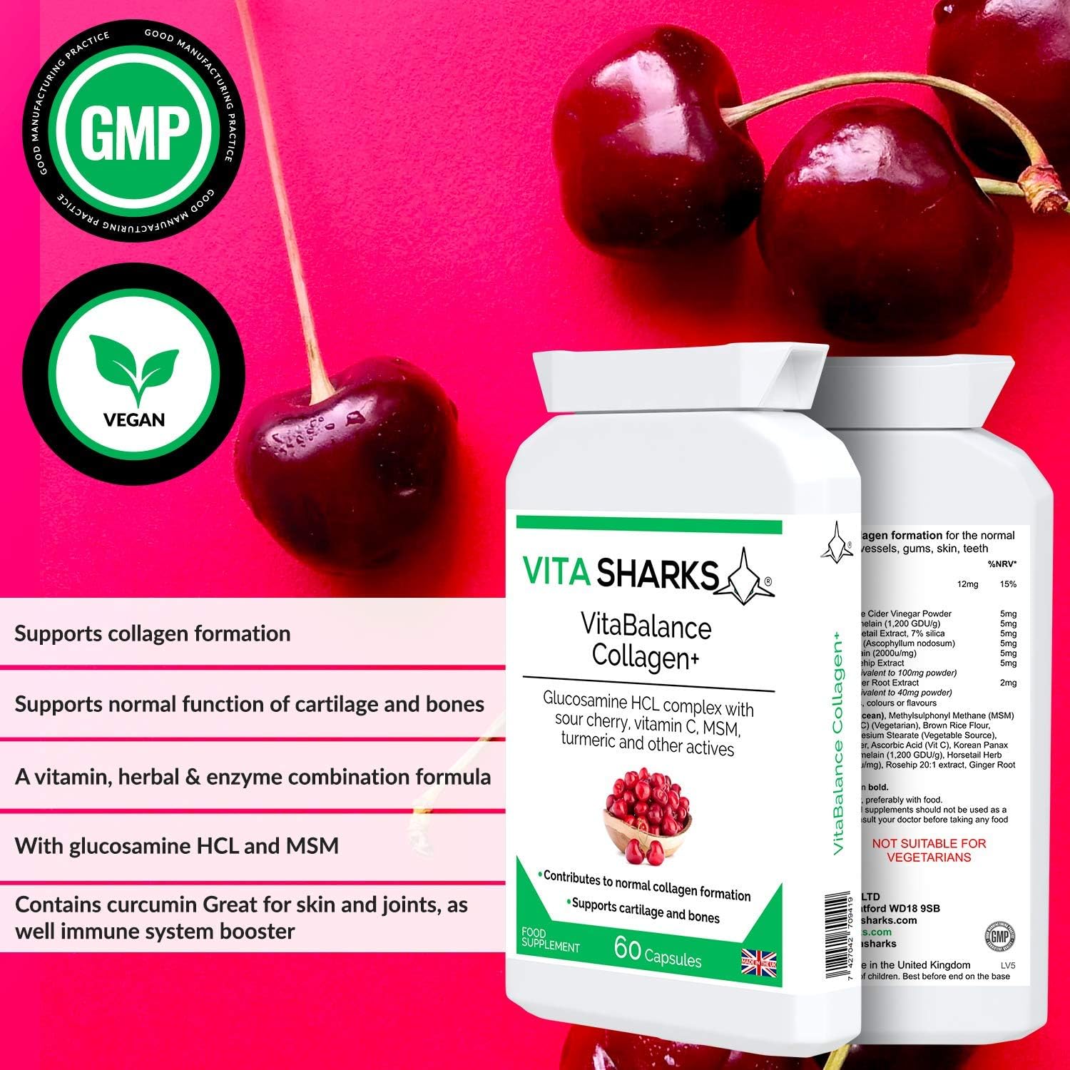 VitaBalance Collagen+ 60 Capsules for Skin Hair, Nails, Joints & Connective Tissue. Vitamin C & E, Iron - Image 3
