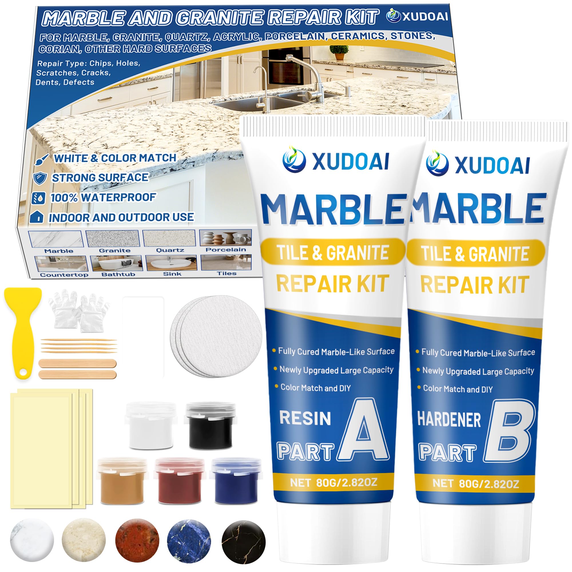 Photo 1 of Marble and Granite Repair Kit (Color Match), 160g/5.64oz Quartz Countertop Repair Kit for Chips Holes Dents Defects Scratches Cracks, DIY Fix Reattaches Porcelain Tile Sink Stone Other Hard Surfaces