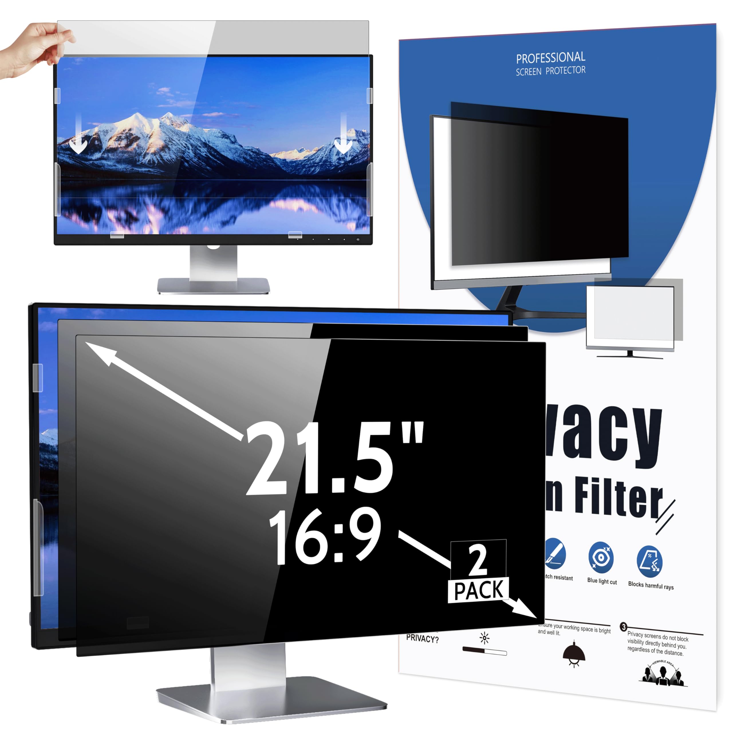 Mamol [2 Pack] 21.5 Inch Computer Privacy Screen for 16:9 Aspect Ratio Widescreen Monitor, Eye Protection Anti Glare Blue Light Computer Monitor Privacy Filter, Removable Anti-Scratch 21in Protector
