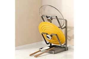 Pot Lid Holder while Cooking, 2-Tier Kitchen Pot Lid Organizer Storage Rack with Drip Tray and Spoon Rest, Pot Top Countertop