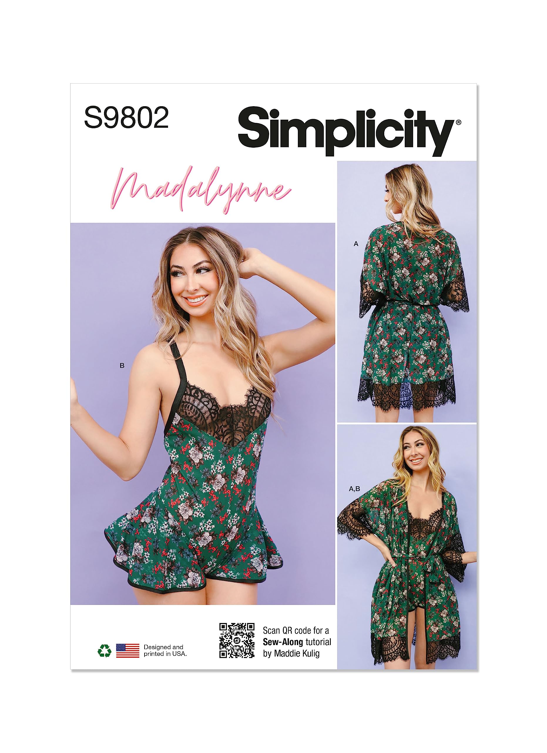 SIMPLICITY SS9802BB Misses' and Women's Robe with Belt and Teddy Lingerie by Madalynne Intimates BB (1X-5X)