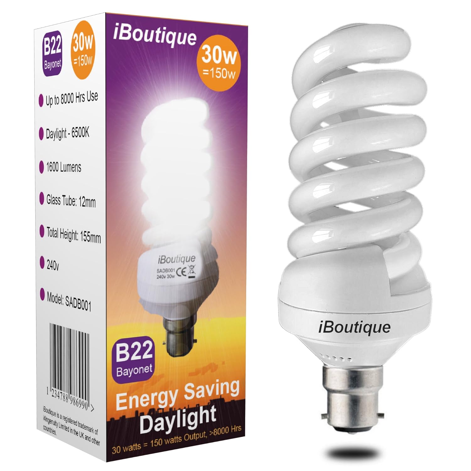 30W B22 Daylight Energy Saving Light Bulb Equivalent Output 150