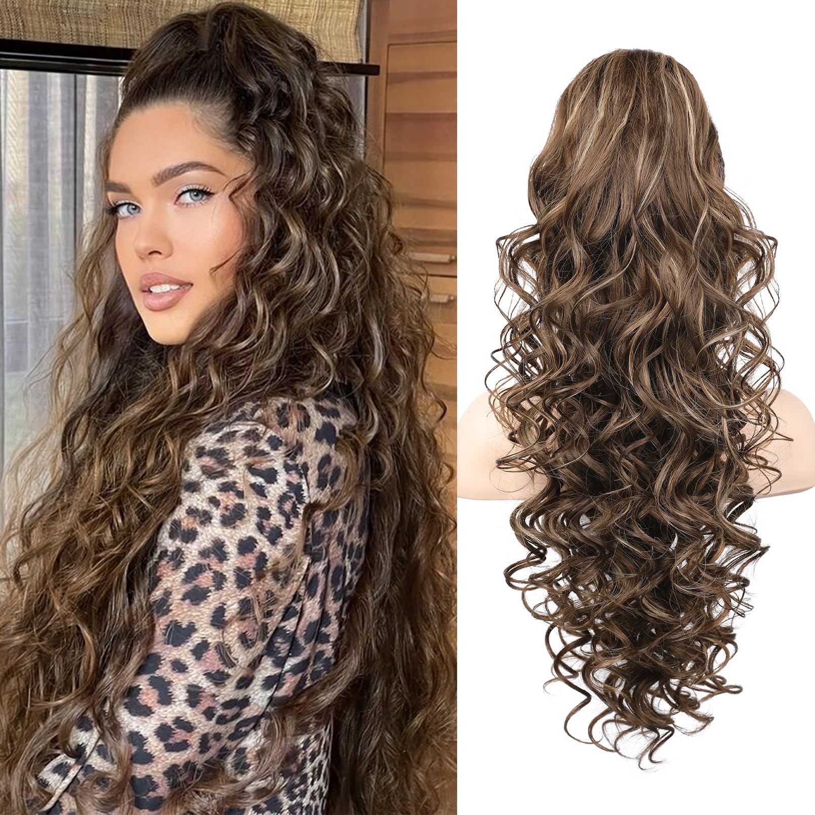 Photo 1 of SEIKEA Ponytail Extension, 24" Fluffy Long Wavy Curly Claw Clip Hair Extensions Ponytail Multi-layered Clip in Fake Pony Tails Natural Soft Synthetic Hairpiece Chocolate Brown with Highlights