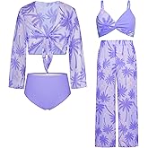GRACE KARIN Teen Girls Bathing Suits Kids 4 Piece Long Sleeve Swimsuit Kimono Up Pants Bikini Tankini Set Swimwear