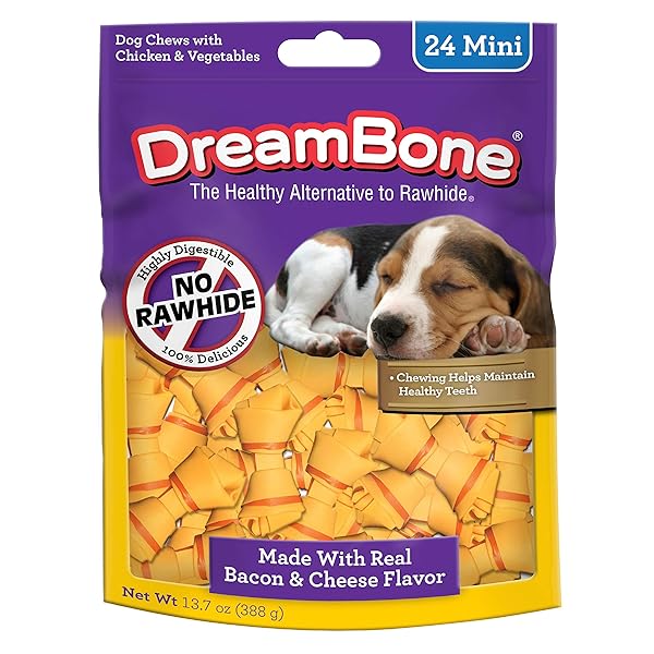 DREAMBONE MINI CHEWS, MADE WITH REAL BACON AND CHEESE FLAVOR, RAWHIDE FREE DOG CHEWS, 24 COUNT