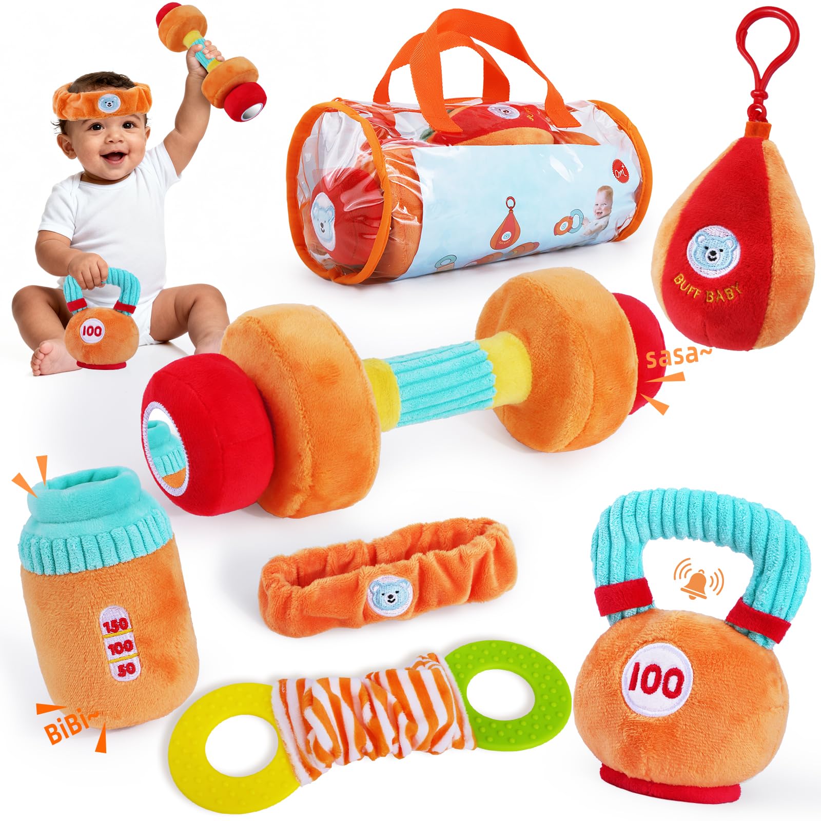 Baby Toys 0-12 Months - Rattle Gym Plush Set, Fitness Themed Sensory Rattles Set with Carry Bag, Sensory Toy for Babies Workout Dumbbell Weights Toy Set, Tummy Time Toys for Newborns Infants