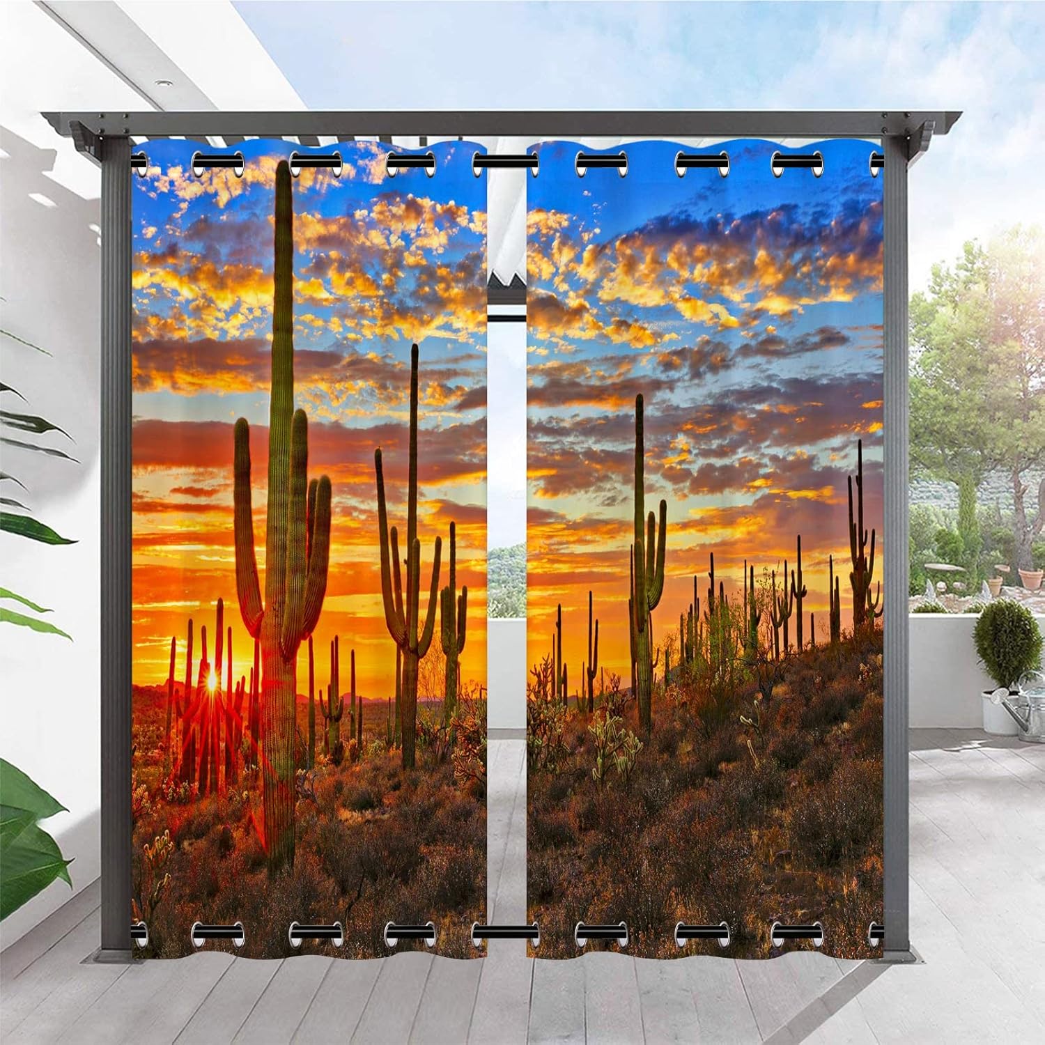 Outdoor Curtains - ANHOPE Outdoor Curtains Waterproof Windproof Grommet Top & Bottom Curtains Sunset Western Desert Cactus Print Pattern Outside Curtains for Patio Gazebo Pergola Garden Porch Pool 2 Panels 54 x 84 Inch