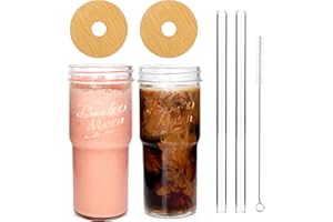 ANOTION Glass Cups with Lids and Straws 2 Packs, 24oz Travel Coffee Mug Wide Mouth Mason Jar Iced Coffee Cup Smoothie Cup Glass Tumbler Tea Cup Clear Cute Water Cups Drinking Jars Glasses