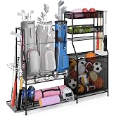 BOEASTER Garage Sports Equipment Organizer,3 Golf Bags Storage Stand,Heavy-Duty Ball Storage Rack with Basket and Hooks,Space-Saving Design for Toy Sports Gear Storage Indoor/Outdoor Use