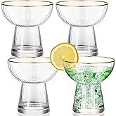 Lallisa Stemless Margarita Glasses Set of 4 Martini Champagne Glasses with Gold Rim Elegant Cocktail Glasses Ribbed Design Hand Glassware Thick Solid Clear Glass for Martini Wine Beer Drink, 10 oz