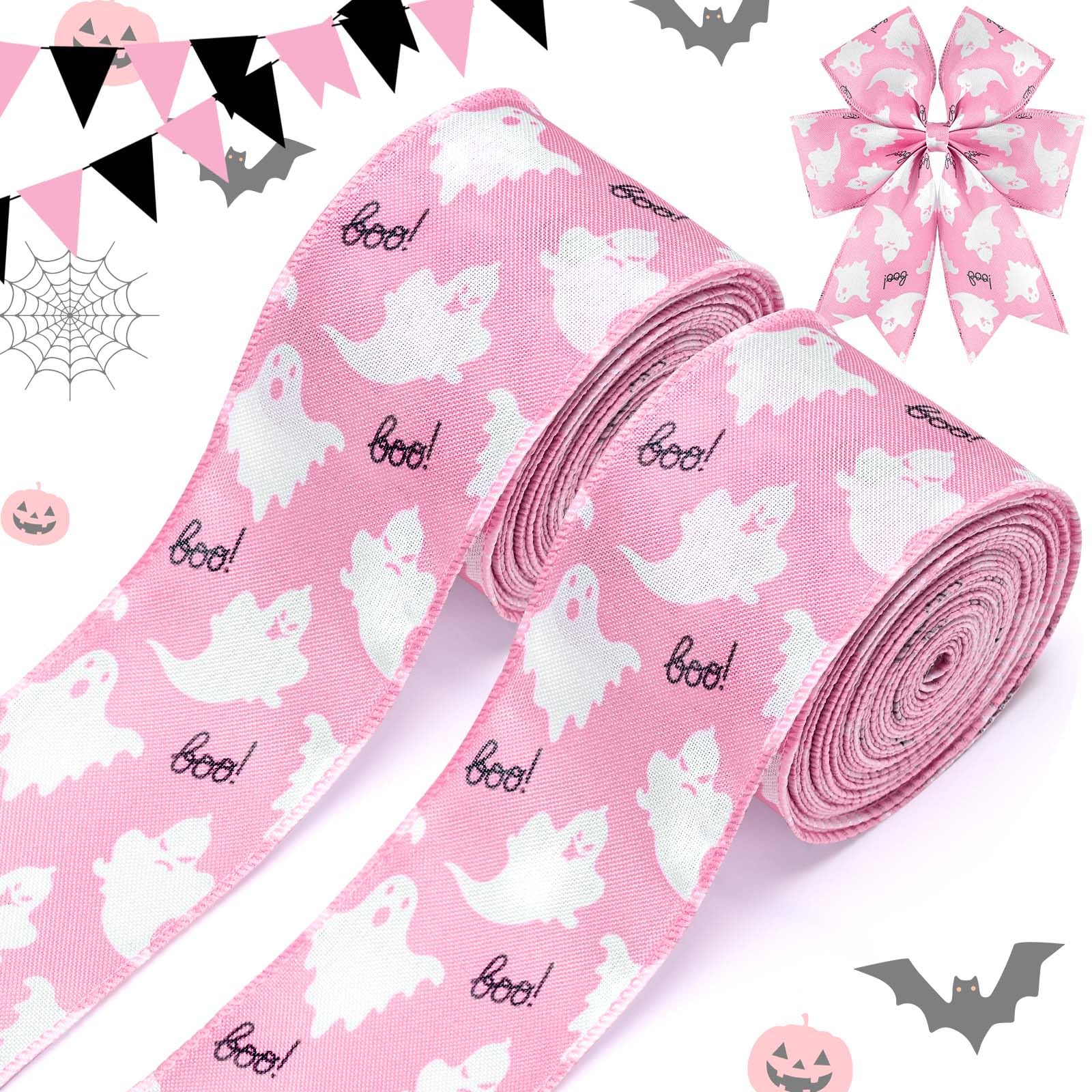 Photo 1 of 2Rolls 12 Yards Halloween Wired Edge Ribbon Pink White Cute Ghost Printed Burlap Ribbon for Bow Wreath Making Gift Wrapping for Baby Shower Halloween Party Craft Supplies