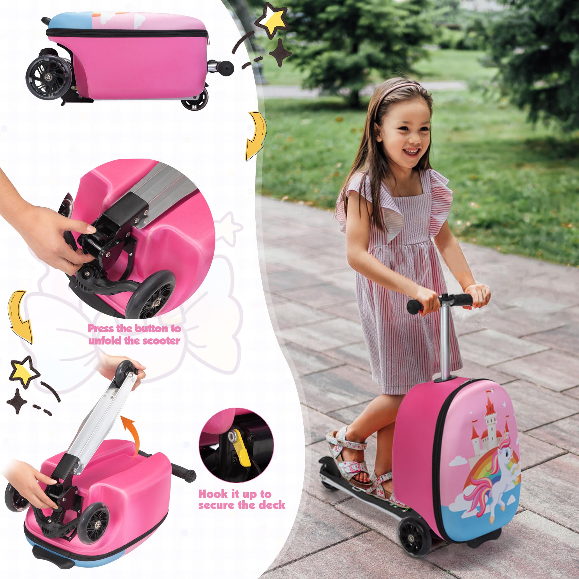 VLIVE Scooter Suitcase, Kid Carry on Luggage Scooter, Children Ride on Luggage for Girls, Luggage for Kids (Unicorn)
