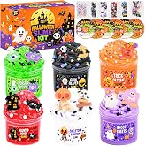 6 Pack Halloween Slime Kit for Kids, Party Favors &amp; Goodie Bag Stuffers | 6 Spooky Tubs with Clear, Butter &amp; Cloud Slimes, Themed Charms, Mix-Ins, Cards &amp; Clear Bags for Halloween Sharing