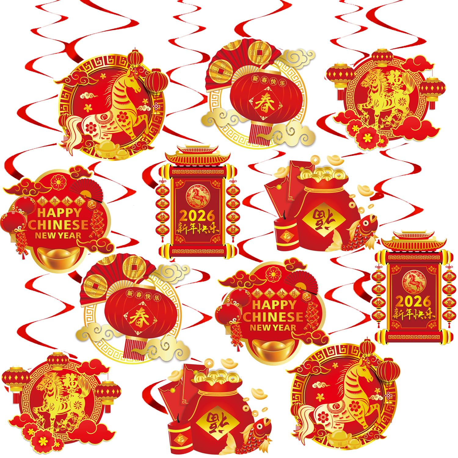 Photo 1 of * PLEASE SEE SECOND PHOTO FOR ACTUAL ITEM, DESCRIPTION IS APPROXIMATE * KYMY 2026 Chinese New Year Hanging Swirls Decorations Kit, 24pcs Spring Festival Lunar New Year Streamers & Cutouts for Zodiac Horse Oriental Asian New Year Home Office Party Supplies