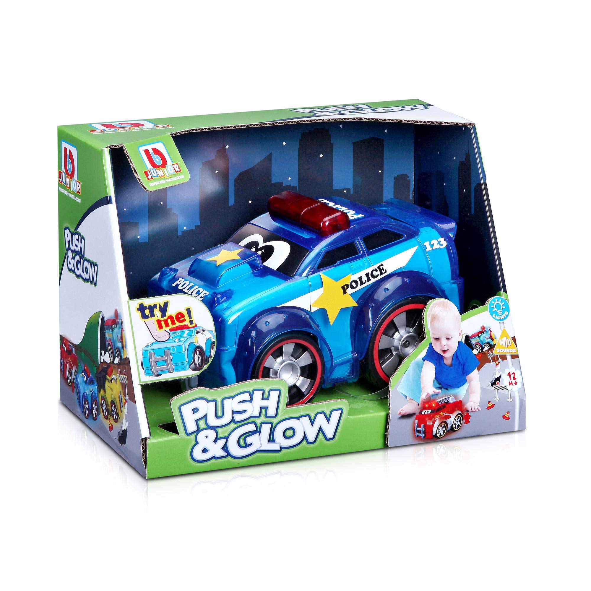 Bburago BB JUNIOR PUSH & GLOW POLICE CAR Light Up Preschool Toy Car, Multiple Colours