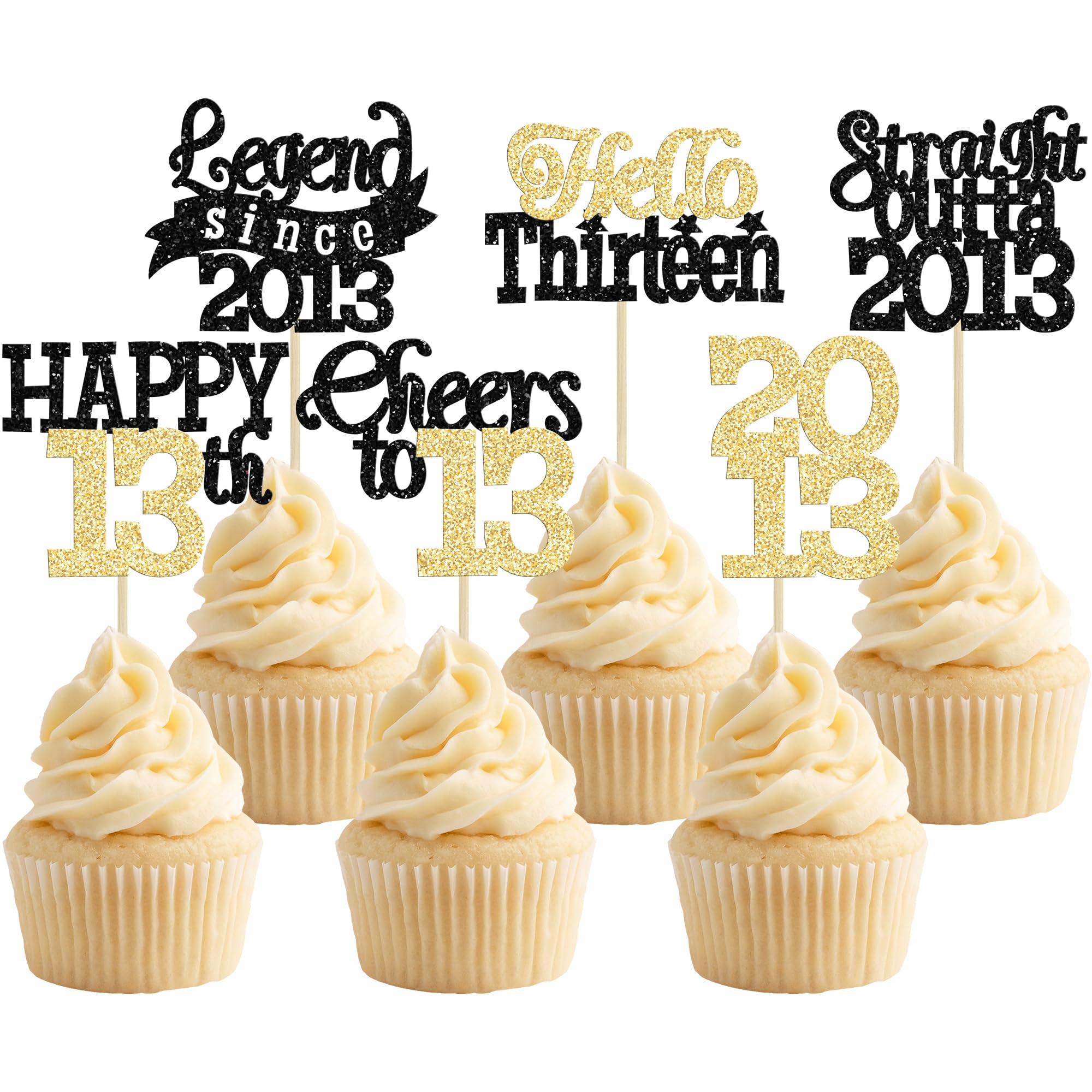 Gyufise 24Pcs Happy 13th Birthday Cupcake Toppers Hello Thirteen Legend Since 2013 Cupcake Picks Cheers to 13 Years Cake Decorations for 13th Birthday Anniversary Party Decorations Supplies Black Gold — image 1