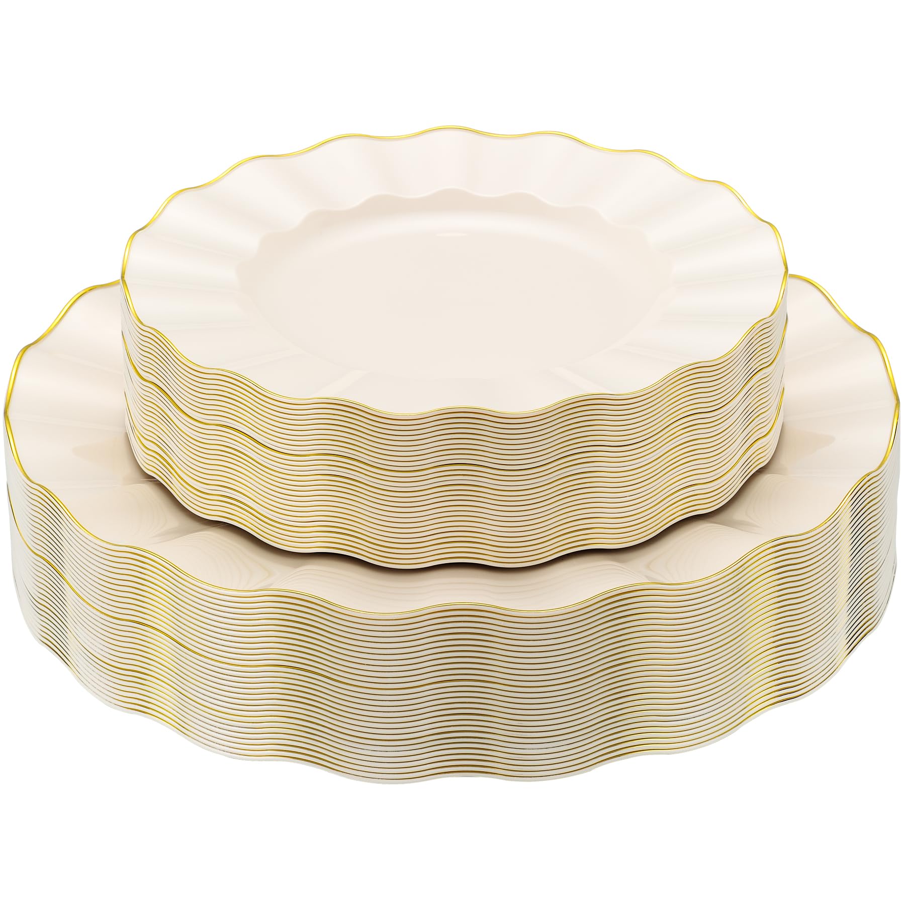 Photo 1 of ISFANGCO 60Pcs Heavy Weight Ivory Plastic Plates with Gold Trim, Heavy Duty Wedding Plates, Elegant Disposable Plate Sets include 30 10" Dinner & 30 7" Dessert Plates for Party & Wedding(30 Guests)