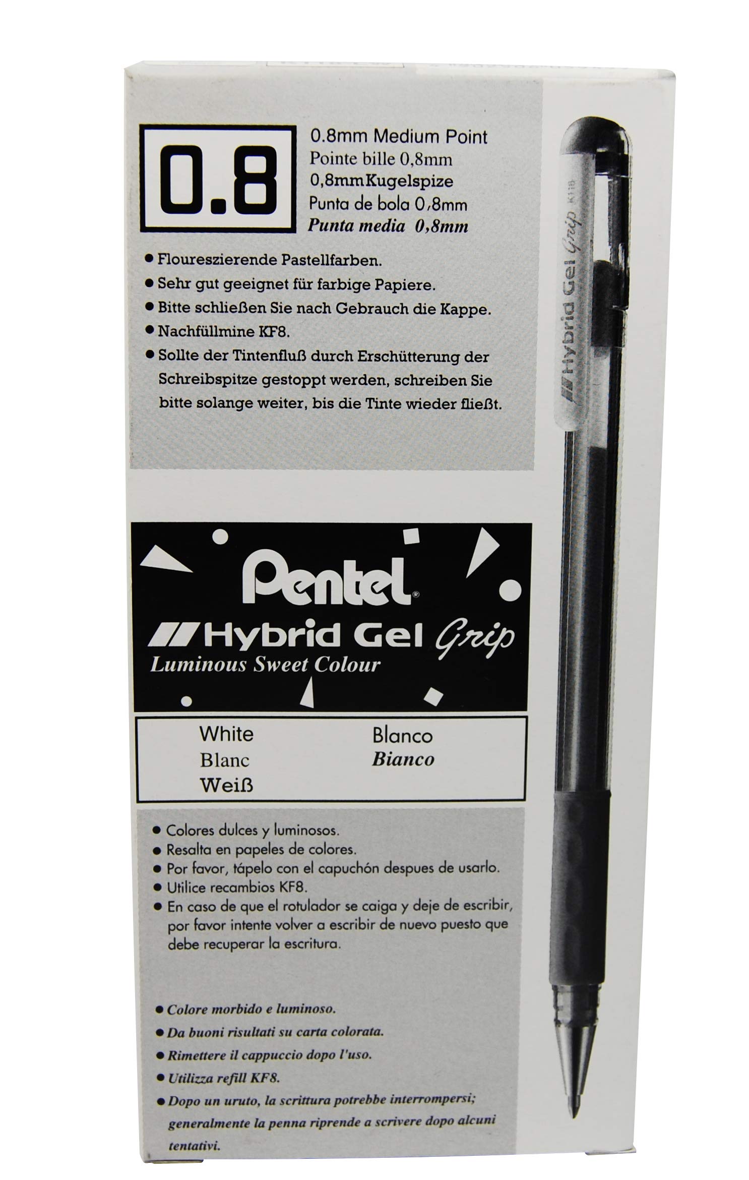 Pentel 0.8mm Tip Hybrid Gel Grip Pen with Pastel Ink - White, K118L-LW