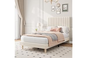 IDEALHOUSE Twin Size Bed Frame with Adjustable Headboard, Velvet Upholstered Platform Bed, Vertical Channel Tufted, Strong Wo