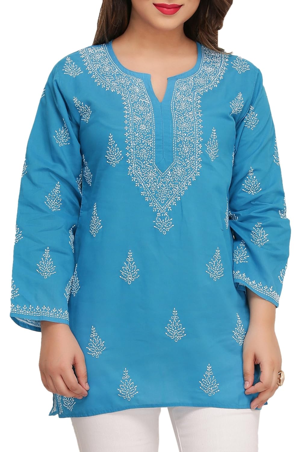 ada lucknow chikankari hand embroidered women's cotton short top a210673