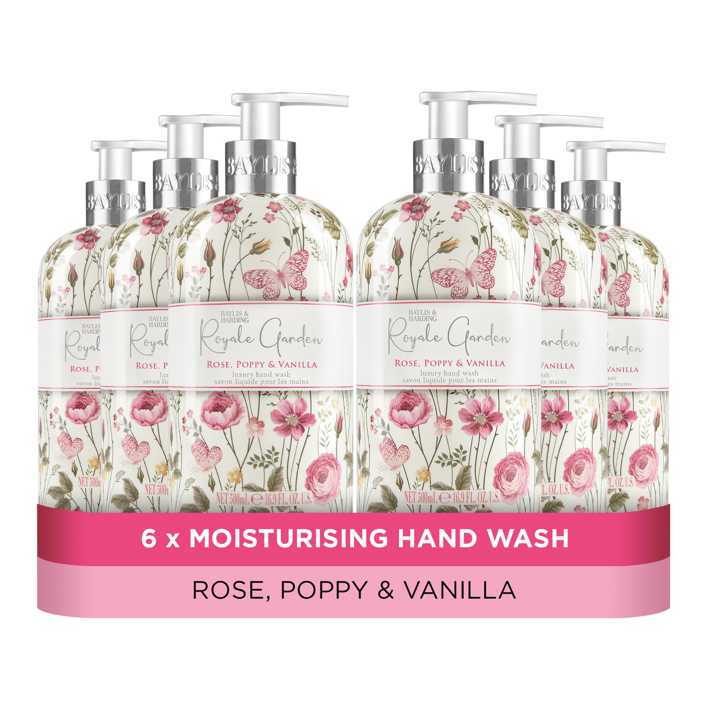 Baylis & Harding Royale Garden Rose, Poppy & Vanilla Hand Wash, 500 ml (Pack of 6) - Vegan Friendly