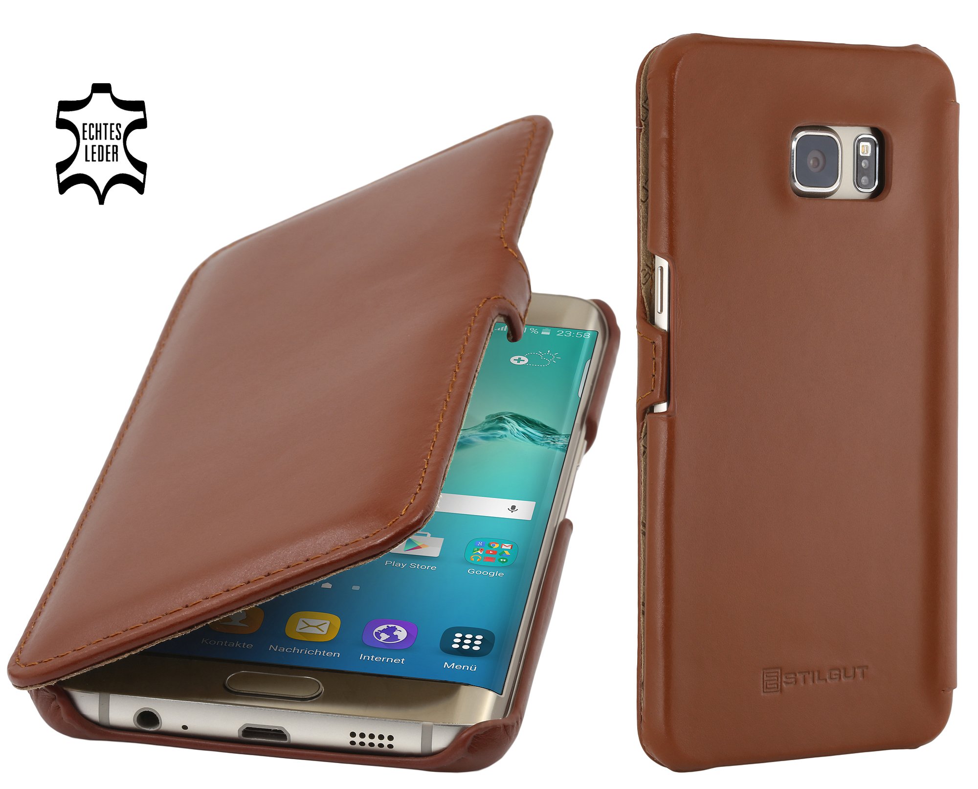 StilGut Case Compatible with Galaxy S6 edge+, Book Type Leather Flip Case, Cognac with Closure — image 1