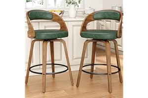 REONEY Swivel Bar Stools Set of 2, 26" Counter Height Bentwood Barstool, Mid-Century Modern PU Leather Upholstered Bar Chair with Back and Footrest, for Kitchen Island, Bar, Cafe, Dining Room, Green