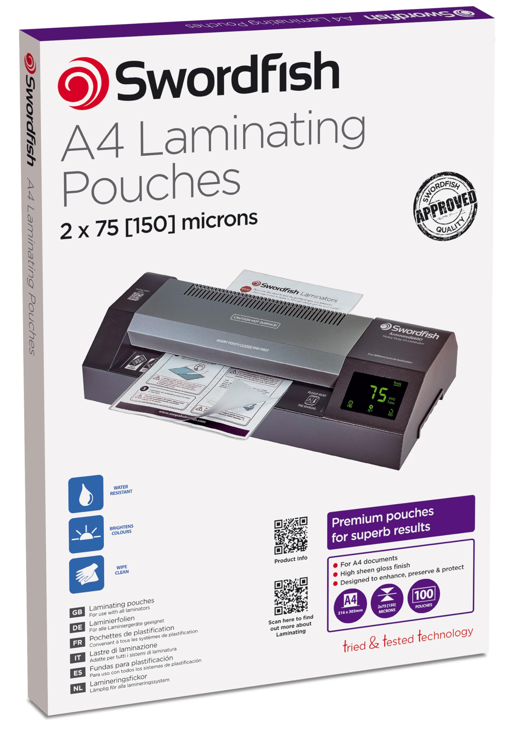 Swordfish A4 2 x 75 (150) Micron Laminating Pouches [Pack of 100] Ref: 48017