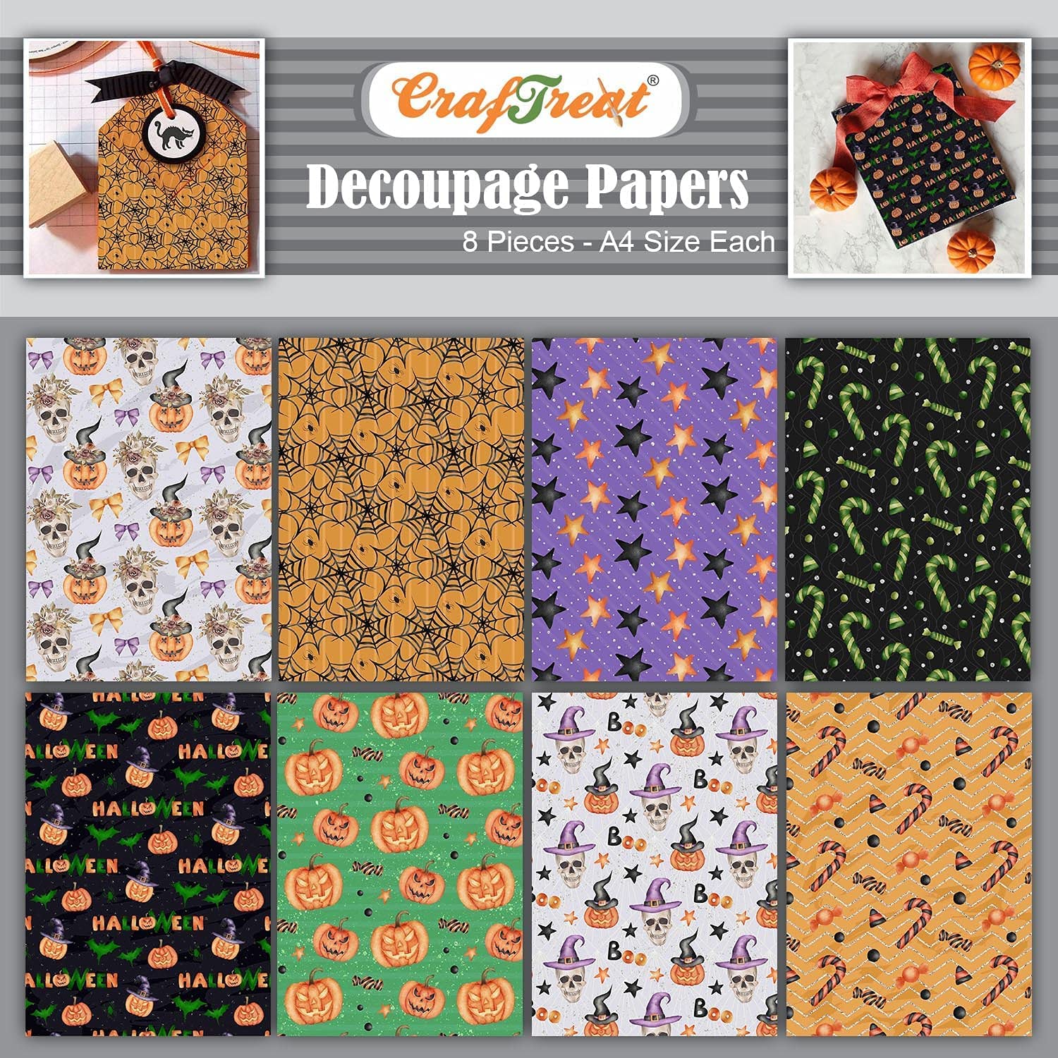CrafTreat Reusable Halloween Decoupage Paper for Crafts - Halloween Decoration Decoupage Papers - Size: 8.3X11.7 Inches Each (8 Sheets) - Halloween Craft Paper for Card Making - Spooky Paper