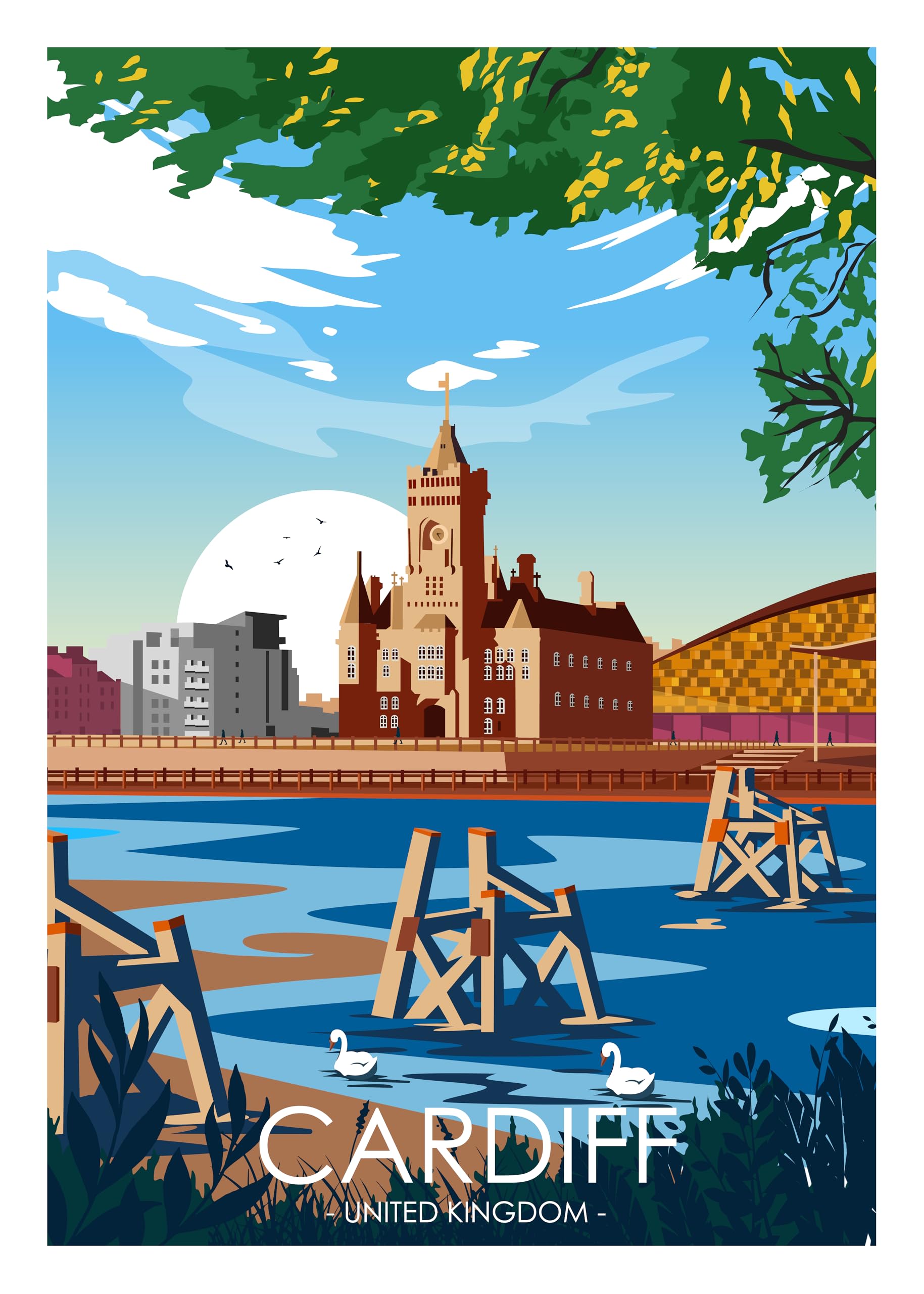 Hewson's Gifts Travel Print of UK Cities and Shires, Handmade Artwork Wall Art Poster for New Home Kitchen, Beautiful Places of United Kingdom (Cardiff, A4 Unframed Print)