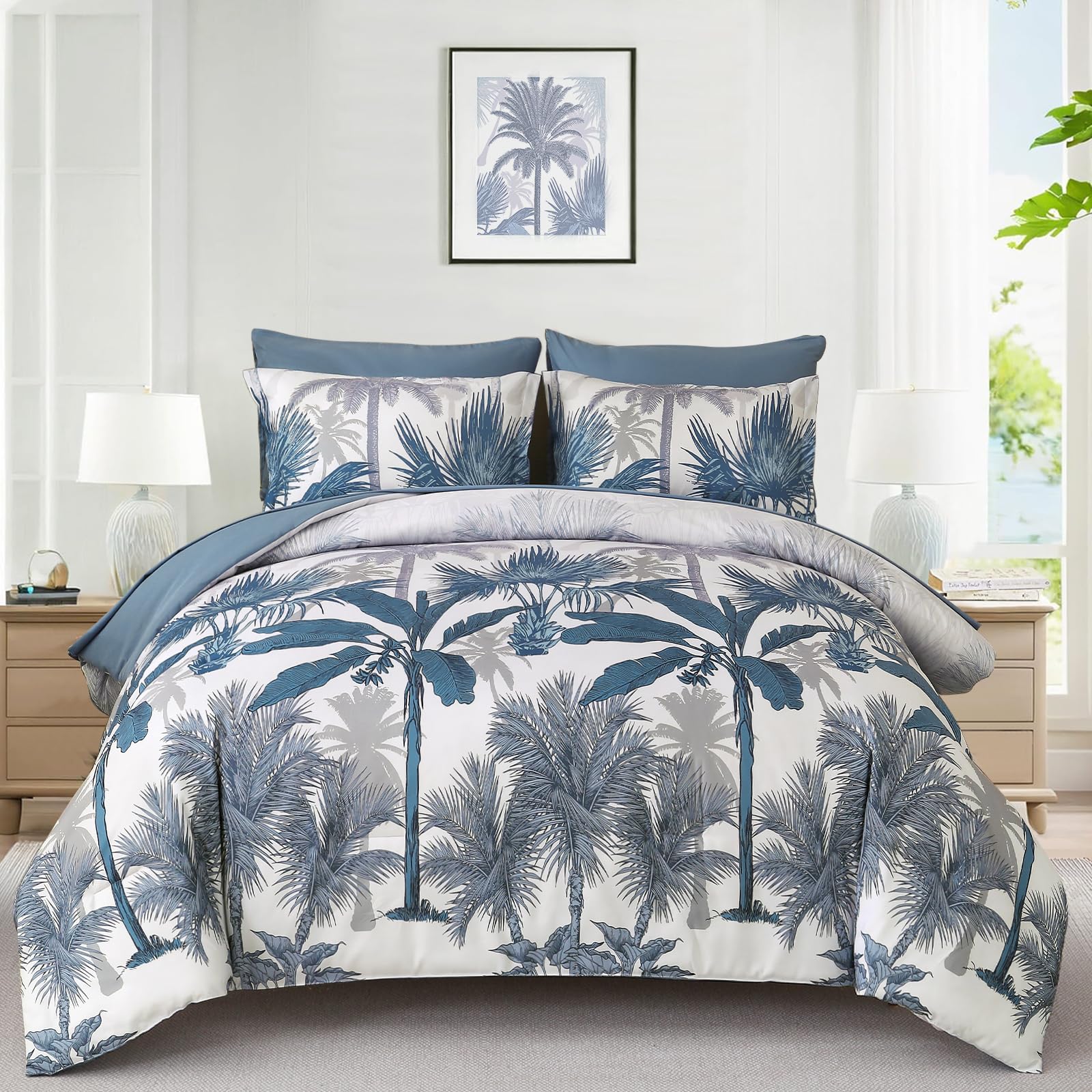 Photo 1 of WONGS BEDDING Comforter Set Queen Size, 7 Pieces Dark Blue Botanical Bed in a Bag, Soft Microfiber Tropical Palm Tree Bedding Set with Comforter, Flat Sheet, Fitted Sheet, Pillow Shams, Pillowcases