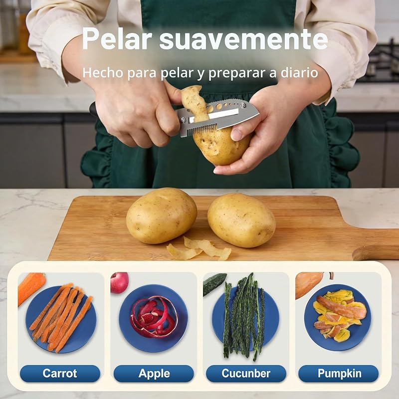 Pelador de Patatas y Verduras 7 en 1 de Acero Inoxidable, Pelador Multifuncional para Cocina, Pelapatatas Manual con Deshojador de Hierbas, Raspador de Escamas, Levantatapas y Abrebotellas — foto 3 de 6