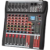 FULUODE 6 Channel Mixer Audio Console, CT-60S Professional Music Mixer DJ Mixing Board with Reverb Bluetooth MP3 Player 48V Phantom Power Supply USB Recording for Studio Karaoke Live Performance