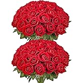 VEVOR Artificial Flowers, 60 pcs Real Looking Red Foam Fake Roses Bulk, Faux Red Bridal Shower with Stems for DIY Wedding Bouquets, Home Centerpieces Arrangements, Party Tables Decorations