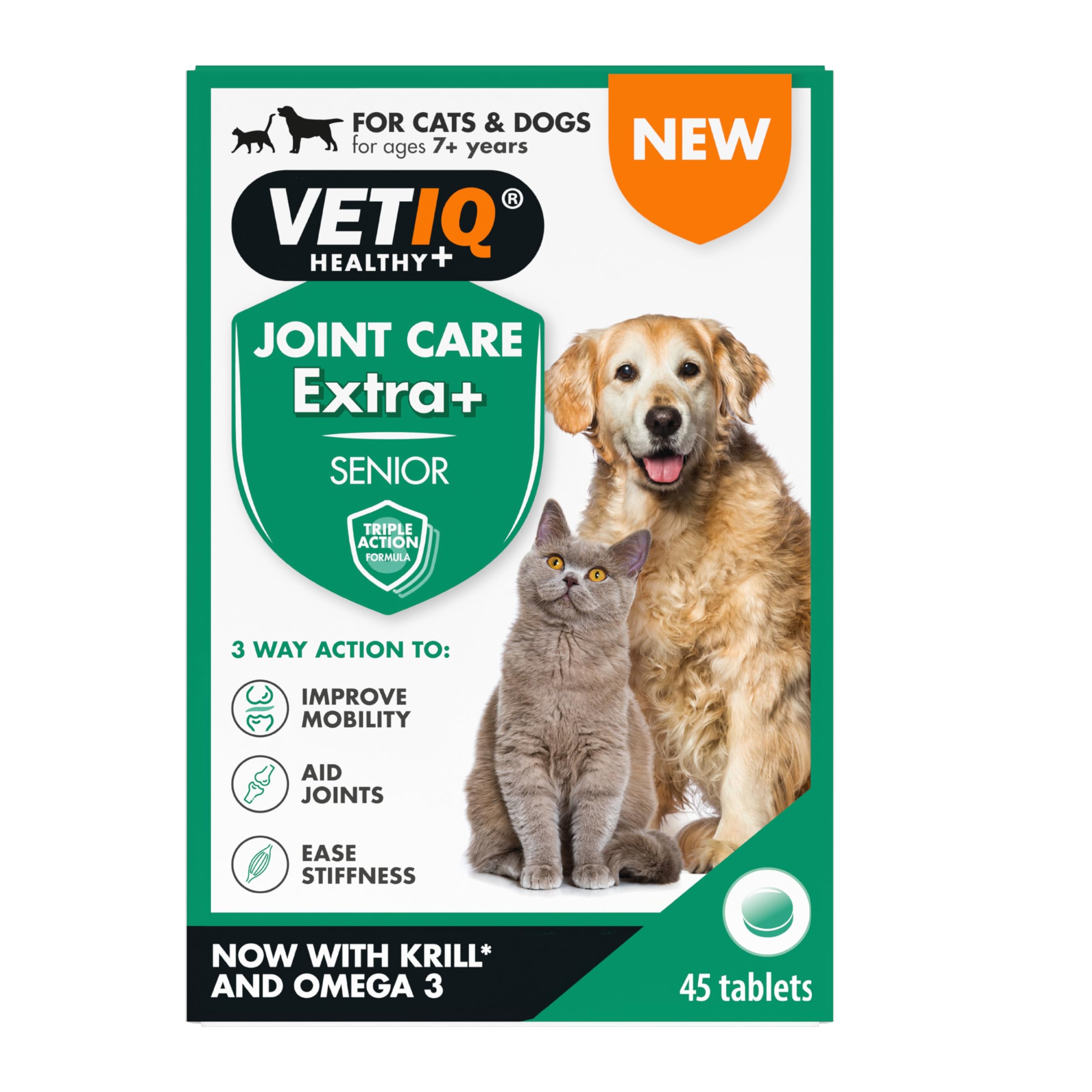 VETIQ Joint Care Extra + Senior For Cats & Dogs 7+ Years, Supplements to Help Improve Mobility, Aid Joints & Ease Stiffness, 45 Tablets (Pack of 1)