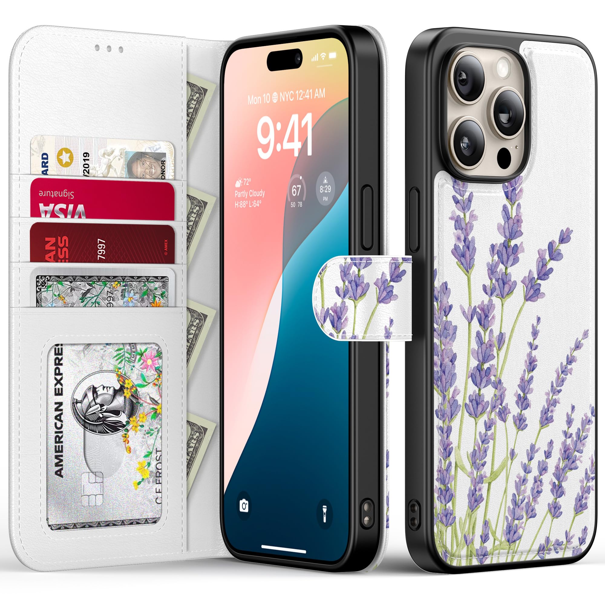 Photo 1 of FUNMIKO for iPhone 15 Pro Max Case Wallet,Detachable Flip Folio Leather Cover,RFID Blocking 4 Card Slots Holder,Magnetic Kickstand,Protective Phone Shell for Women Girls,Purple Lavender