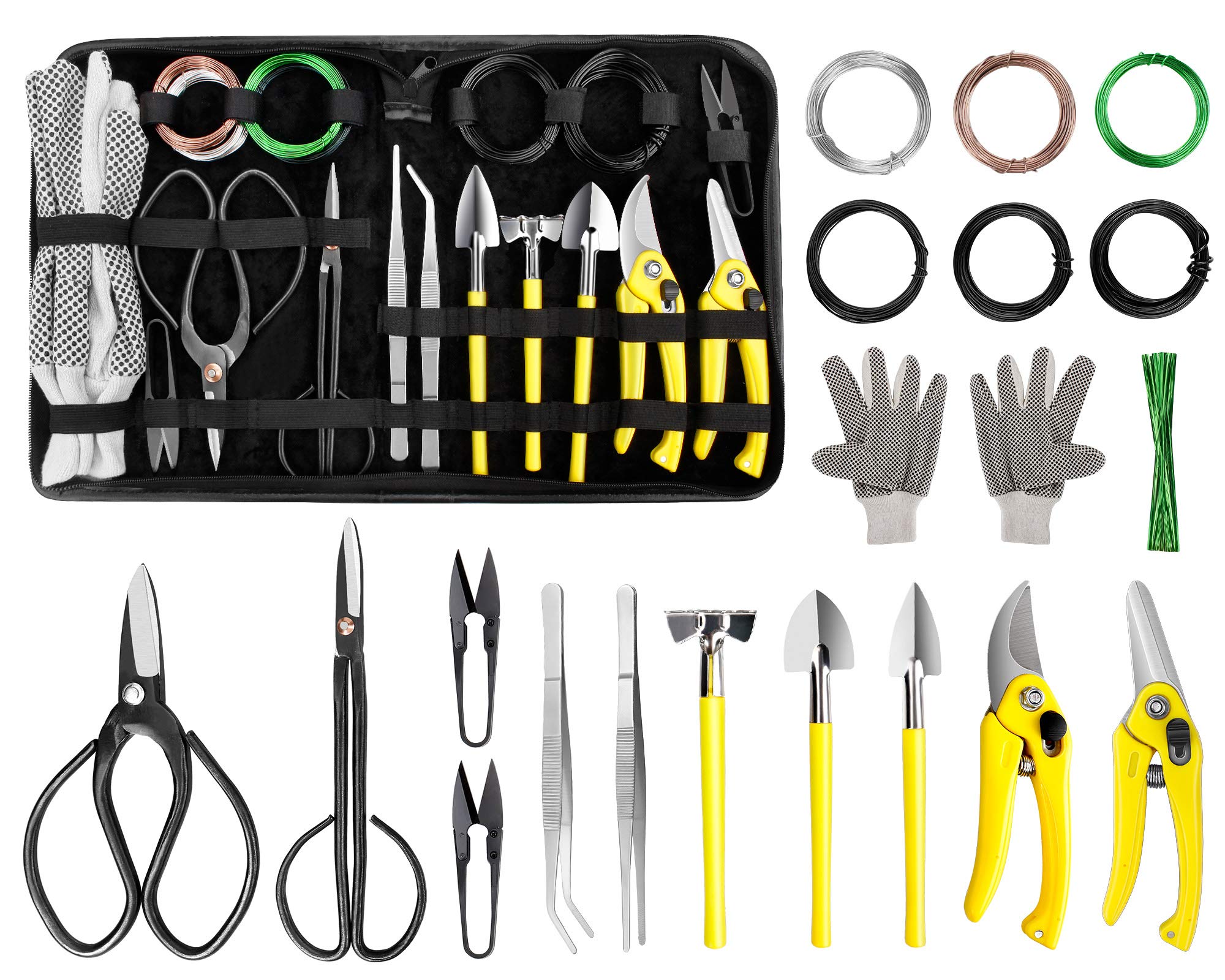 MOSFiATA Bonsai Tools Set,High Carbon Steel Succulent Gardening Trimming Tools Kit Include Pruning Shears, Scissors, Mini Rake, Round and Pointed Shovel &Training Wire in PU Leather Bag(19PCS)