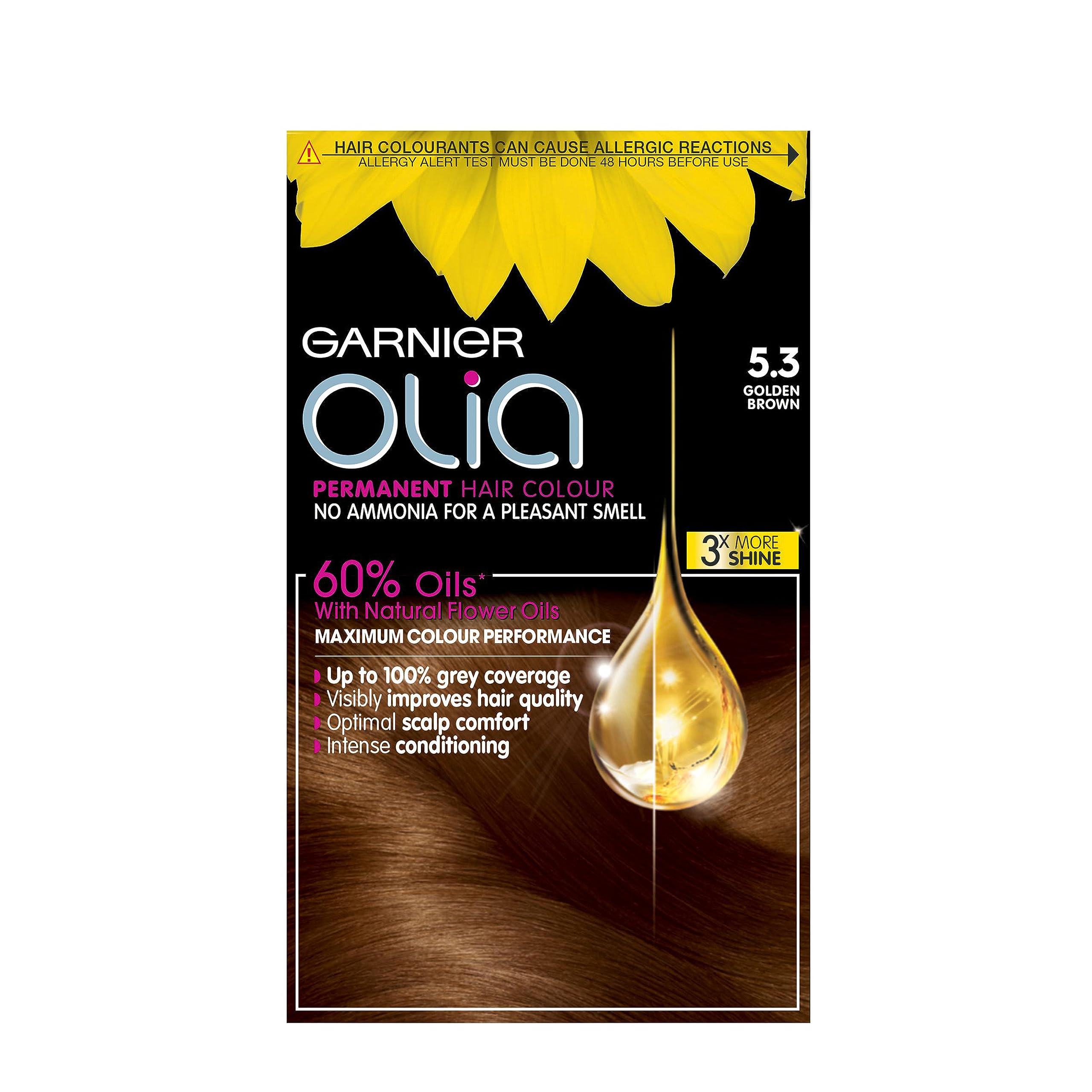 Garnier Olia 5.3 Golden Brown, oil-powered, no-ammonia. 100% grey coverage. Luminous, long-lasting, vibrant golden brown hair color with ultimate shine and softness. โ image 1