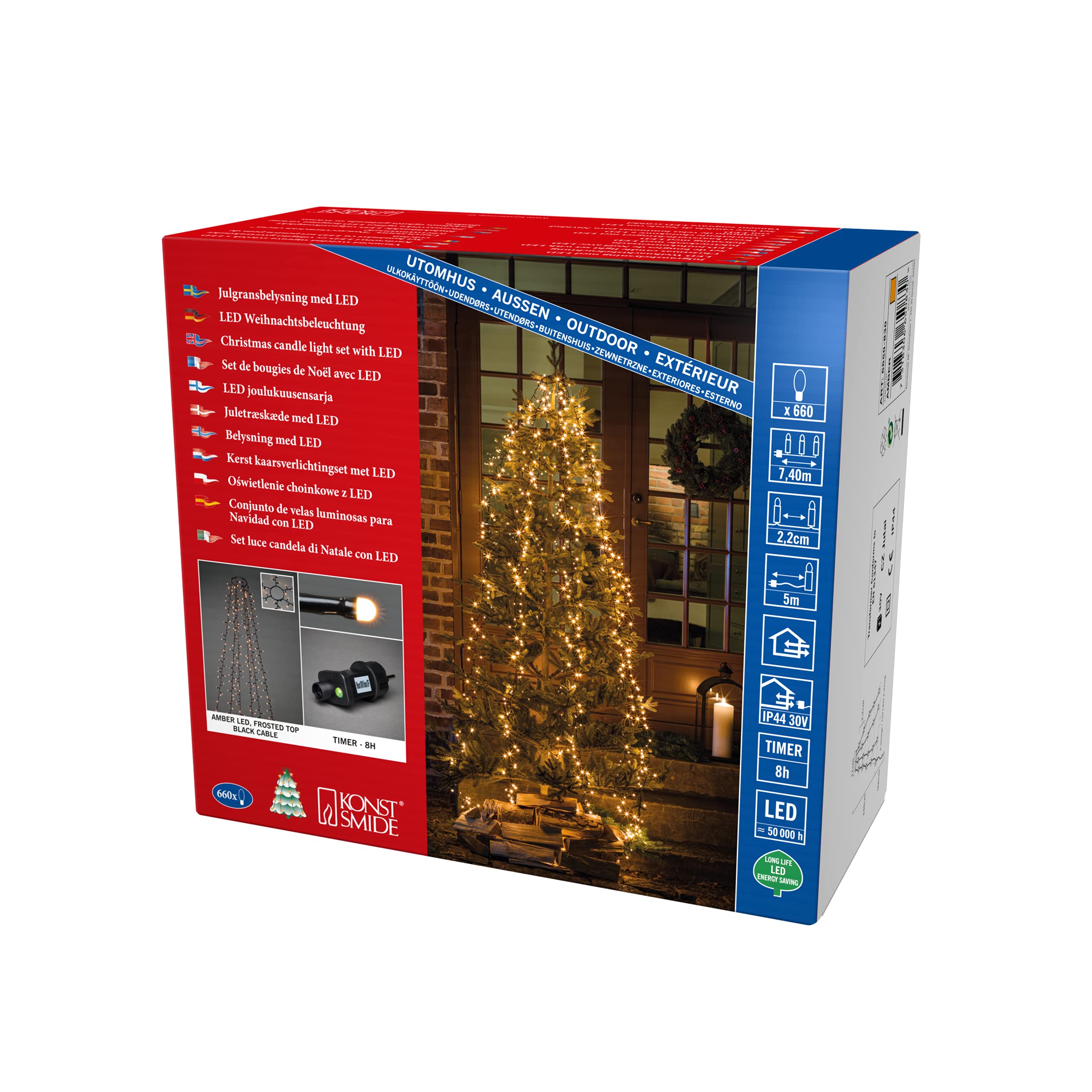 Konstsmide Micro LED Compactlights Tree Coat with Ring, 6 Strands of 110 Frosted Diodes, 8h Timer, 660 Amber Diodes, 30V External Transformer (IP44), 6W, Black Cable
