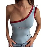SOLY HUX Women's One Shoulder Tank Top Letter Print Sleeveless Fitted Going Out Tops