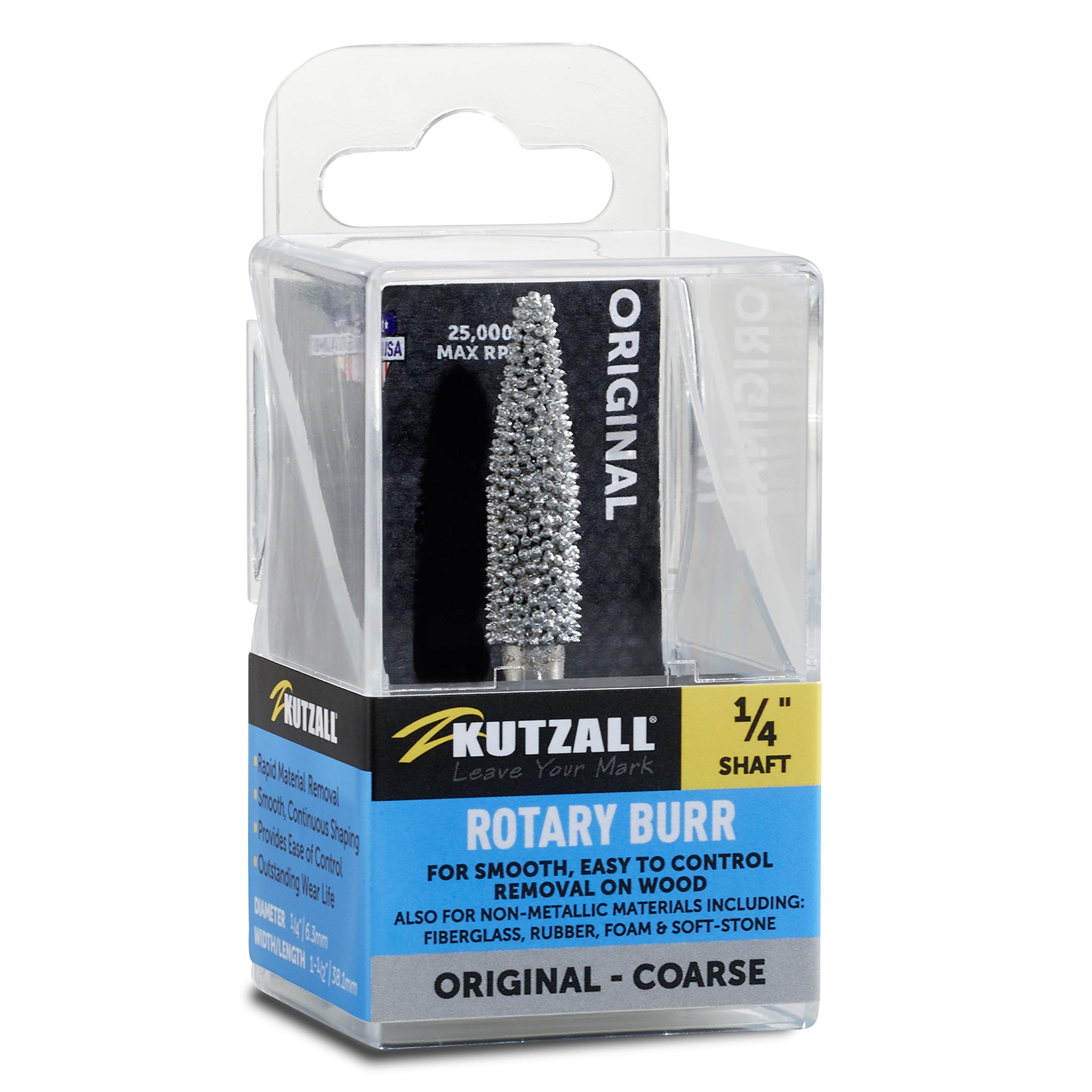 Kutzall Original Taper Rotary Burr, 1⁄4" Shaft, Coarse - Woodworking Attachment for Bosch, DeWalt, Milwaukee, Makita. Abrasive Tungsten Carbide, 1⁄4" (6.3mm) Head Dia. X 1-1⁄2" (38.1mm) Length, T-14