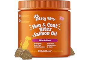 Zesty Paws Salmon Oil for Dogs Skin and Coat, Omega 3 Fish Oil Chews, Dog Allergy Relief Chews, Itch Relief Supplement, 90 Count, Salmon Flavor