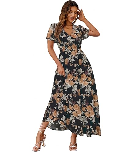 Taylor Dresses womens Petite Taylor Dresses Short Sleeve V-neck Smocked Waist Floral Short Chiffon Tiered Skirt Dress, Casis/Ivory, 10-11 Petite US at Amazon Women's Clothing store
